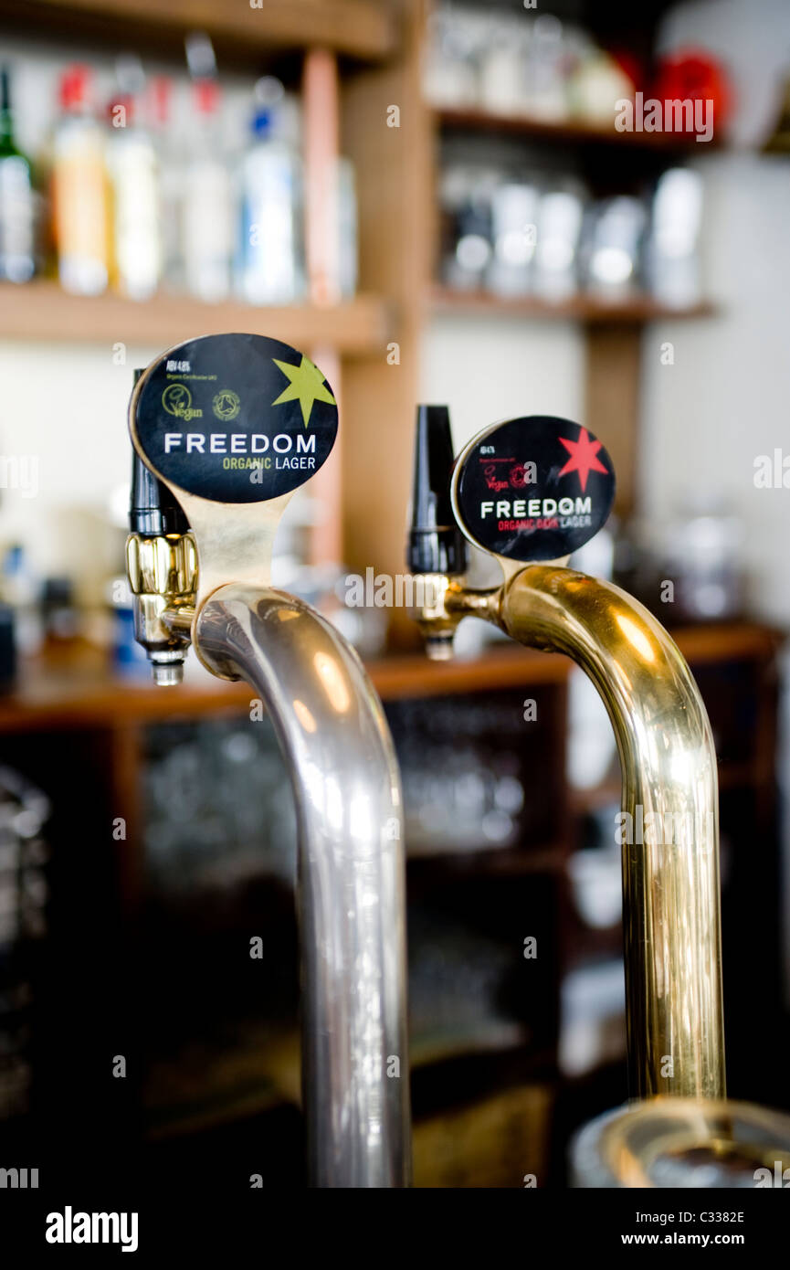 Organic beer in an organic pub, on tap Freedom lager Stock Photo