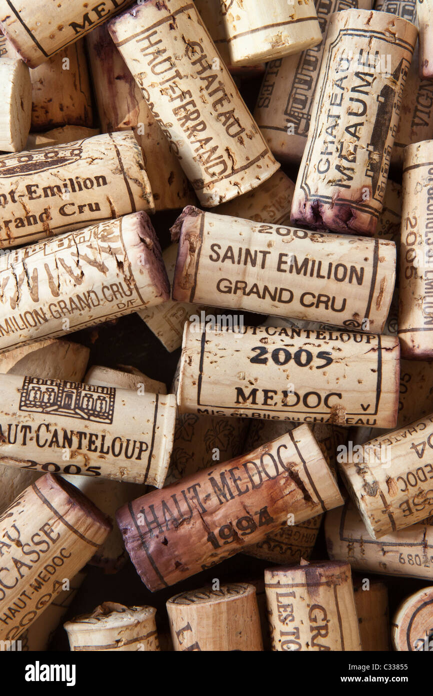 Corks from French wine bottles from St Emilion and surrounding wine regions of France Stock Photo
