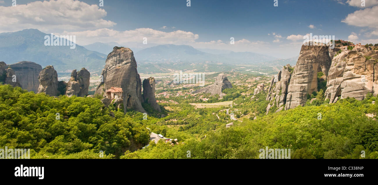 Panoramic View of the Monasteries of Meteora, Meteora Mountains, Plain of Thessaly, Greece, Europe Stock Photo