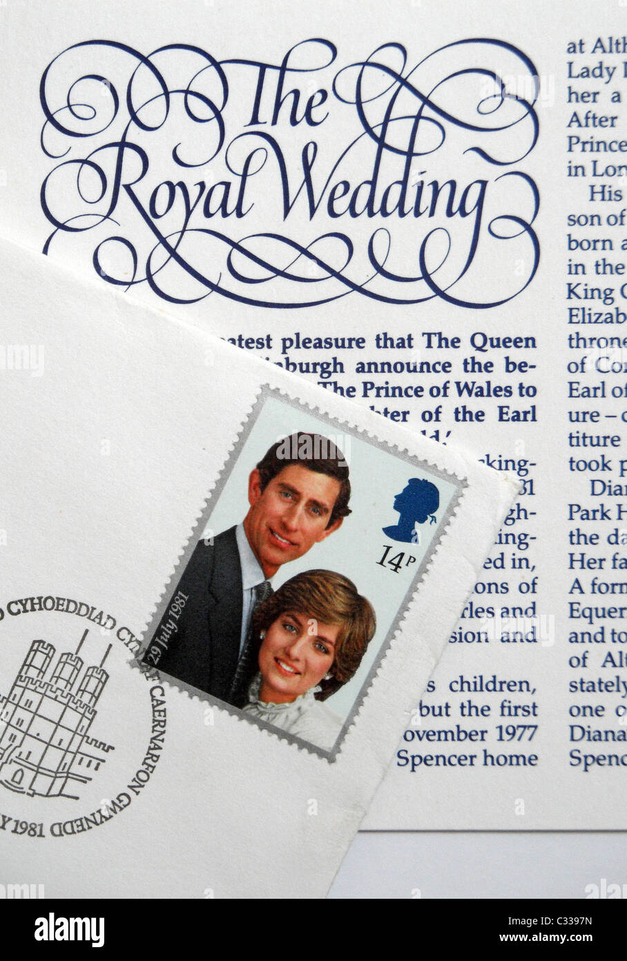 First day cover stamp issued for the Marriage of Prince Charles and Lady Diana Spencer on 29th July 1981. Stock Photo