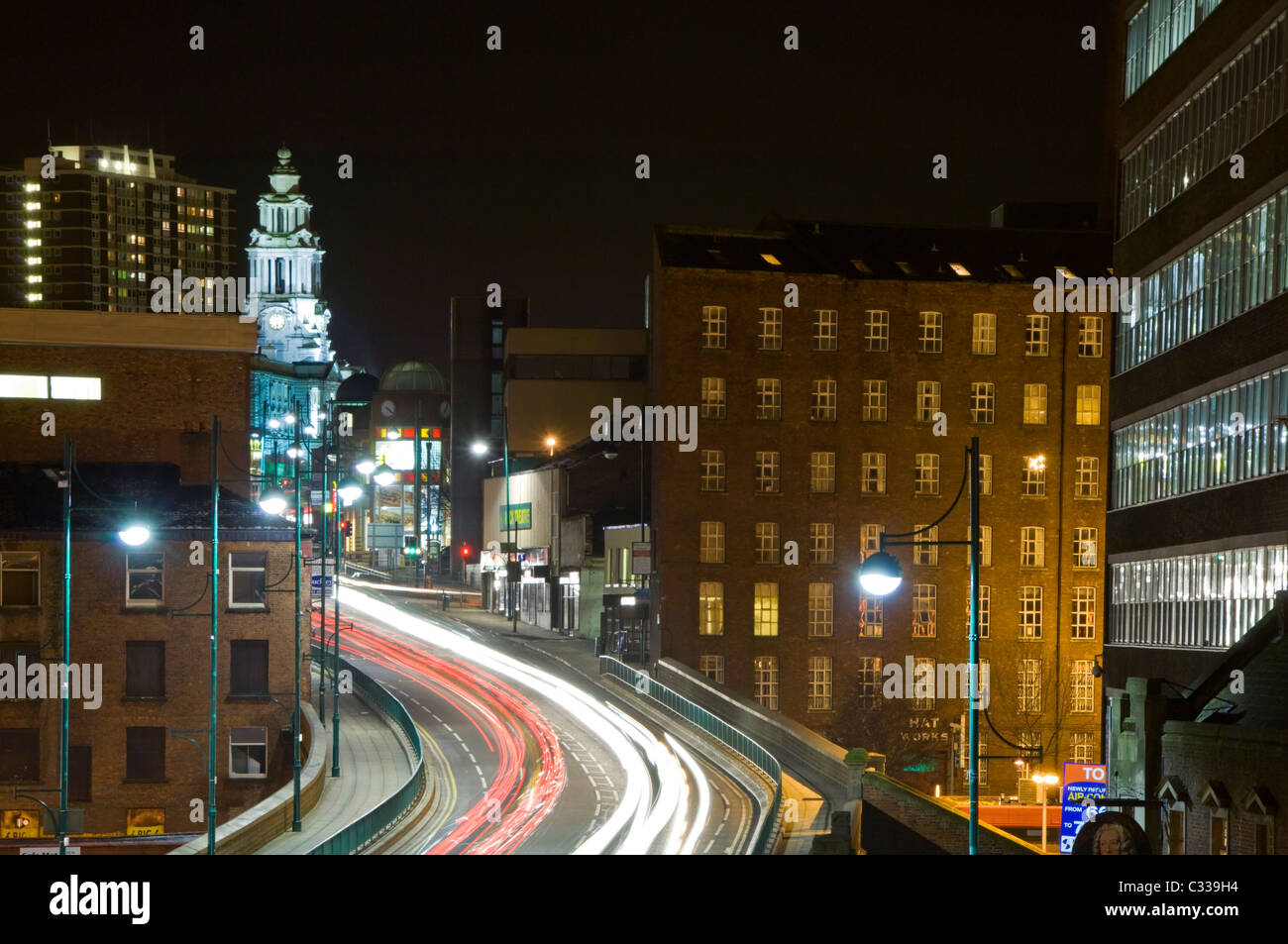 The Main A6 Road, Stockport Town Hall & Town Centre at Night, Stockport, Greater Manchester, England, UK Stock Photo