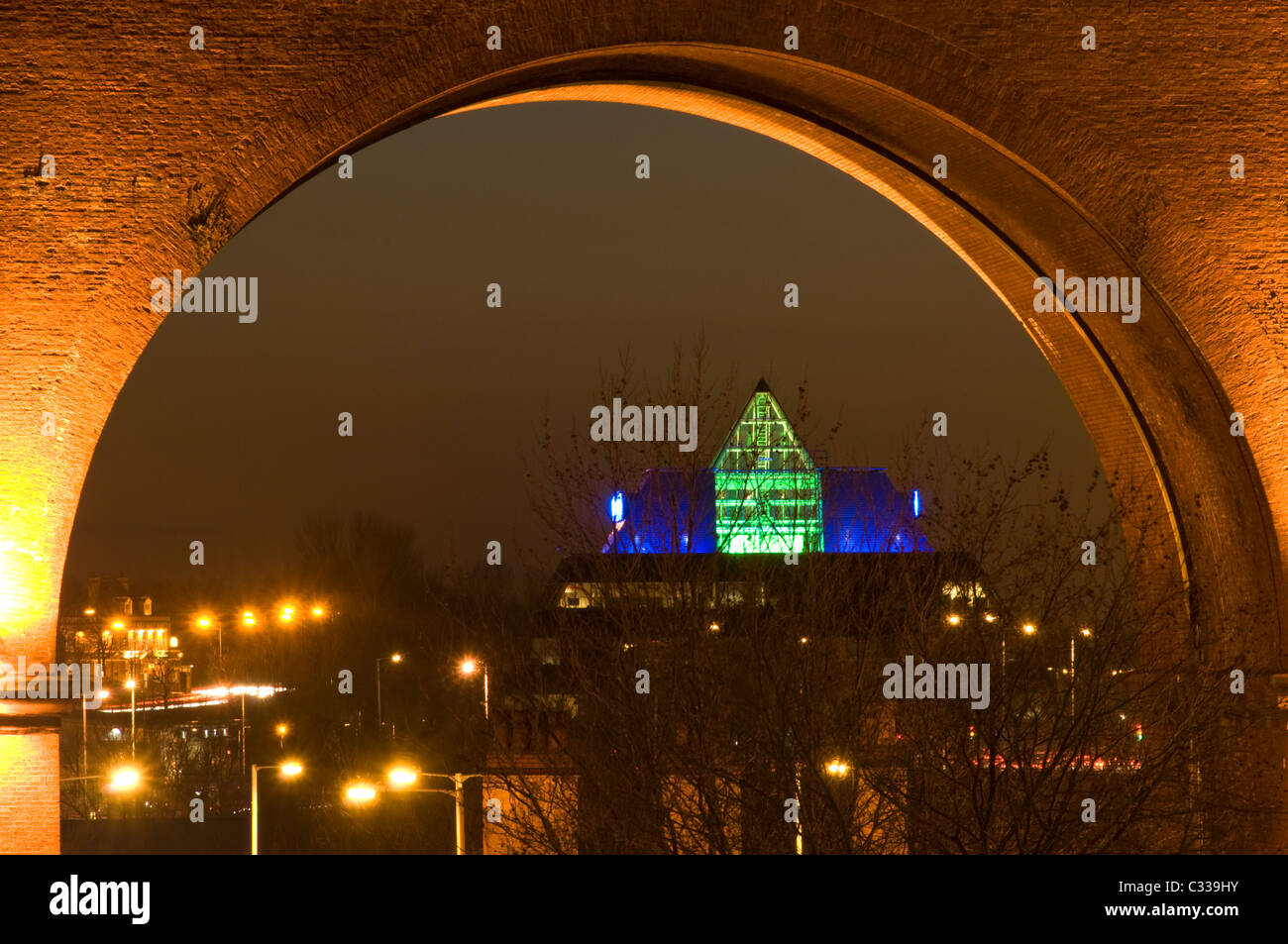 The Stockport Pyramid Building viewed through the Stockport Viaduct