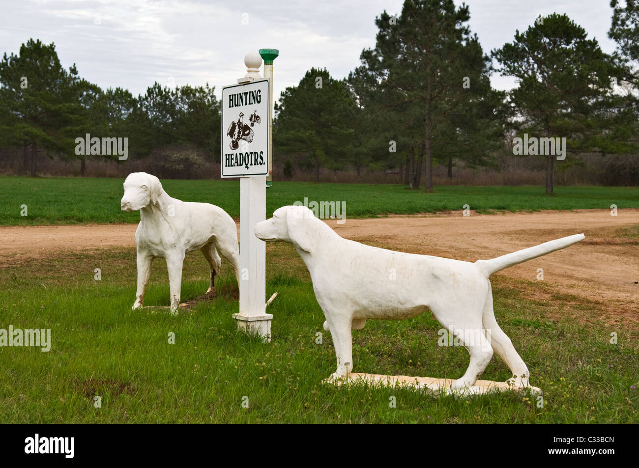 Two Dog Statues near the Kennels at Wynfield Plantation in Dougherty County, Georgia Stock Photo