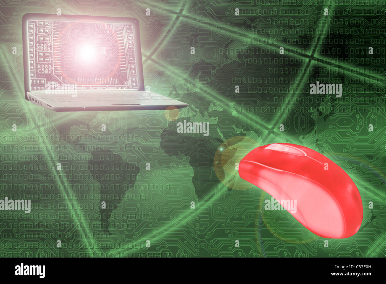 digital world concept: laptop and mouse over world map and circuit Stock Photo