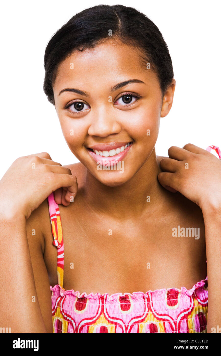Portrait of a teenage girl smiling isolated over white Stock Photo - Alamy