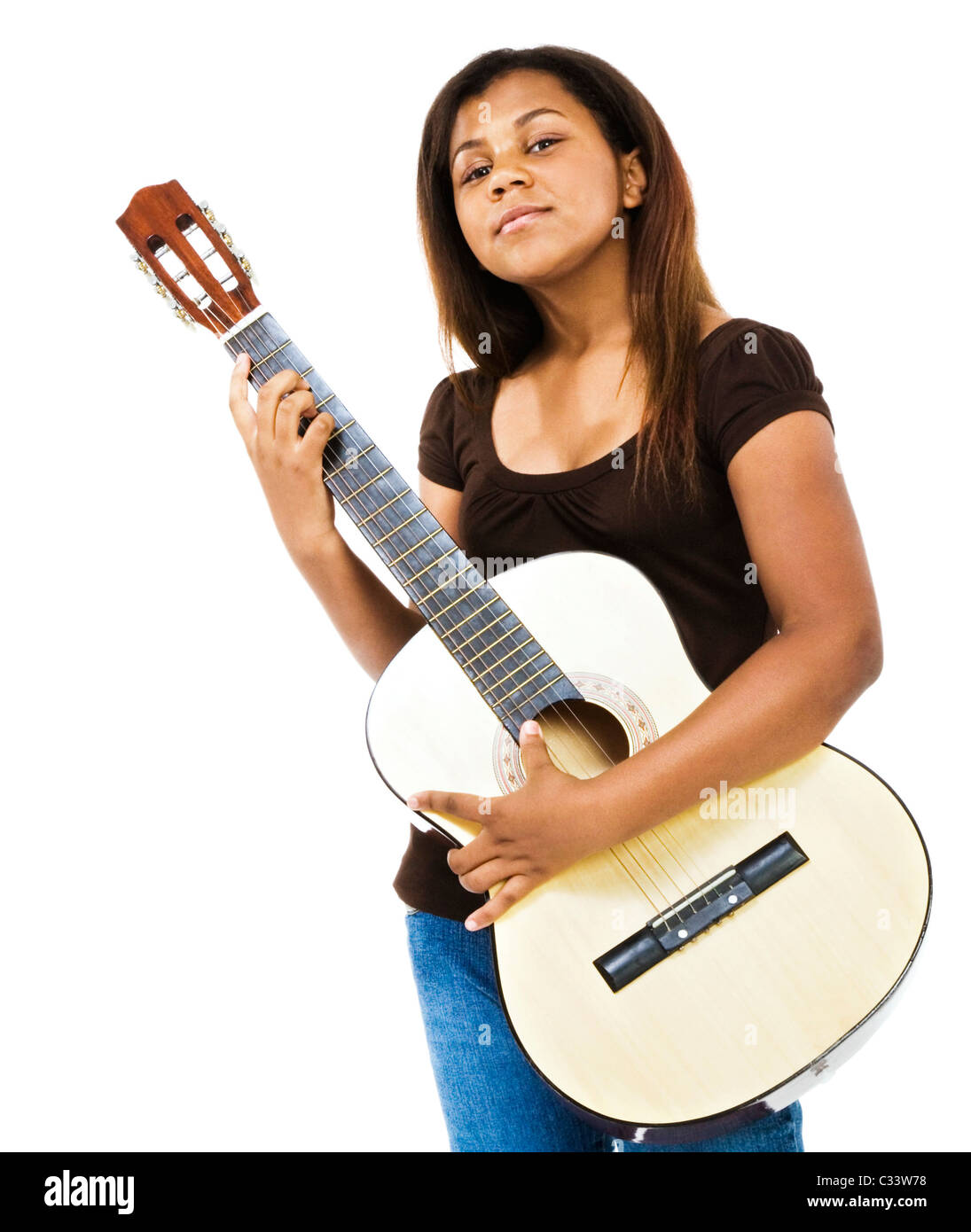 Close-up of a girl holding a guitar isolated over white Stock Photo - Alamy