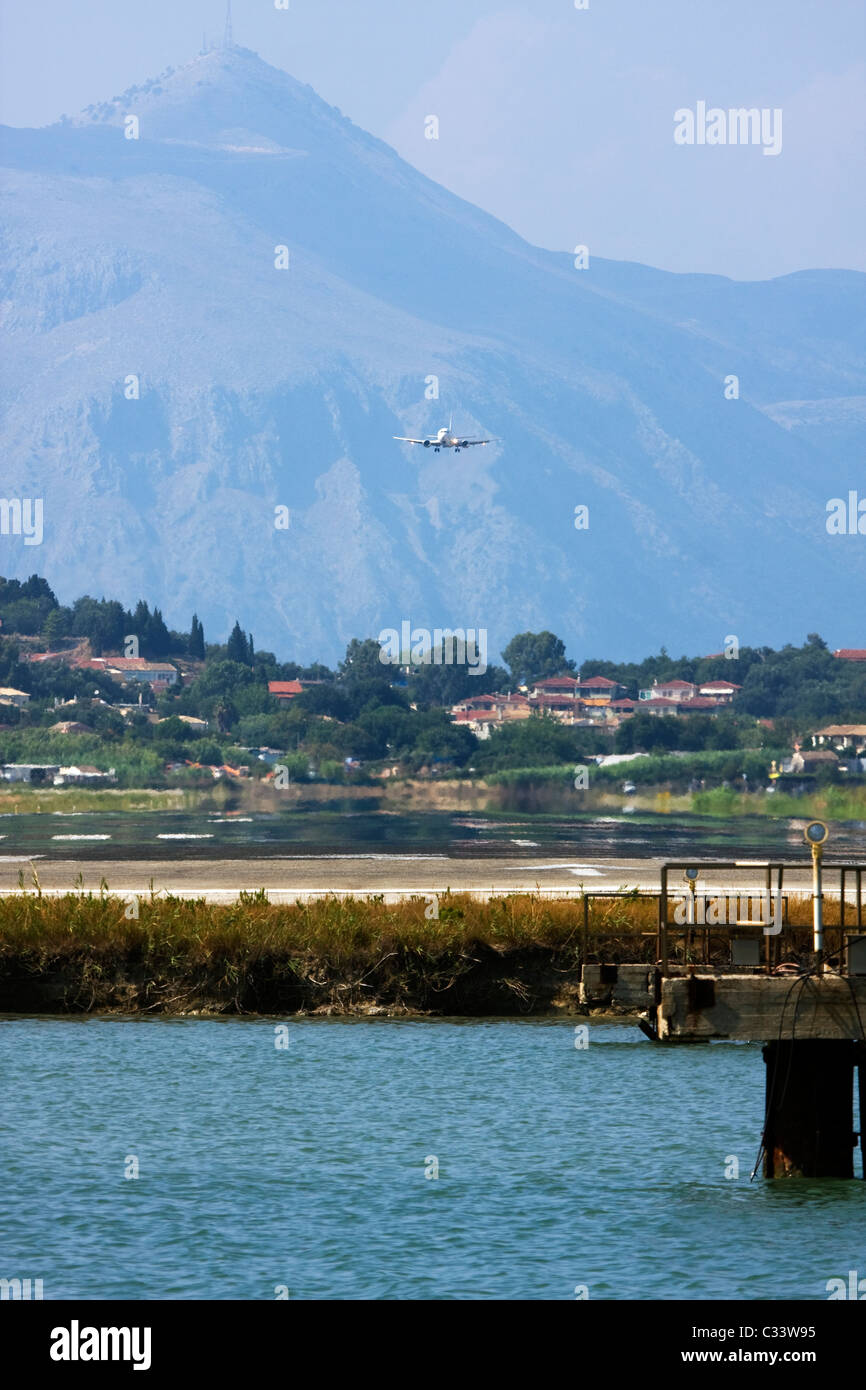Airplane landing at Corfu, Ioannis Kapodistrias Airport, Greece Stock Photo