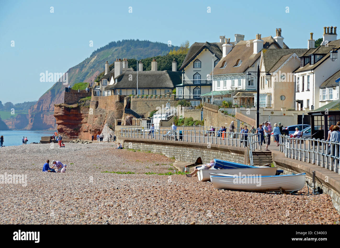 Beach And Thatched Cottages Sidmouth Devon England Uk Stock