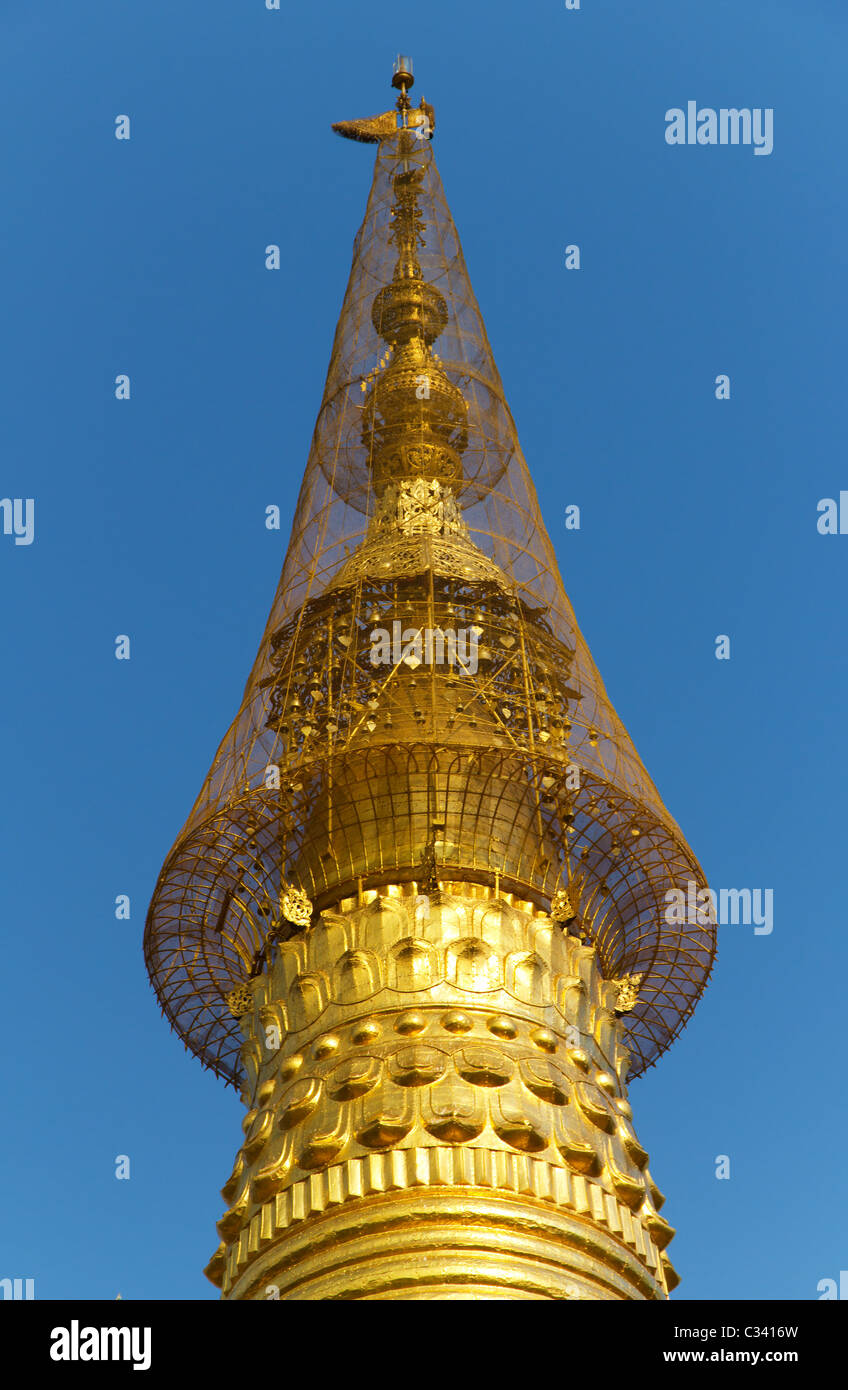 Top of Gold Pagoda of the Buddhist Temple of Shwesandaw Paya in Pyay, Myanmar Stock Photo