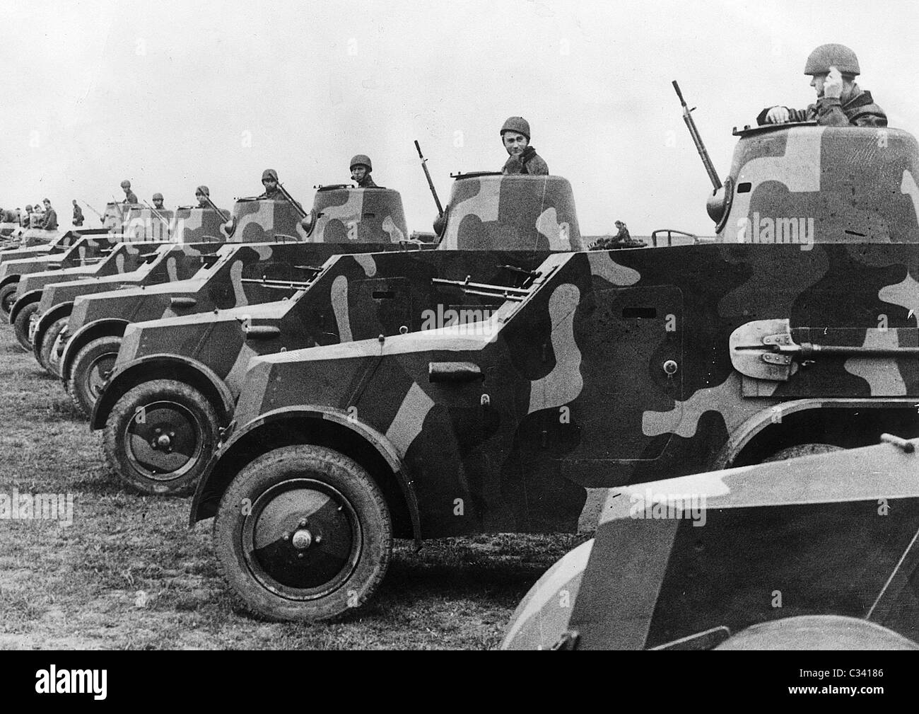 Camouflaged Czechoslovakian armoured cars mobilise against the threat of invasion from Nazi germany. Stock Photo