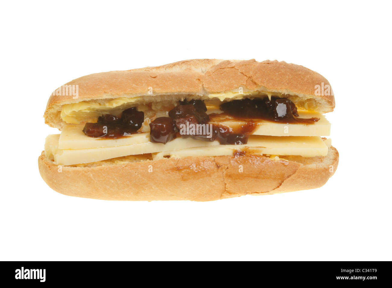 Cheese and pickle baguette isolated on white Stock Photo