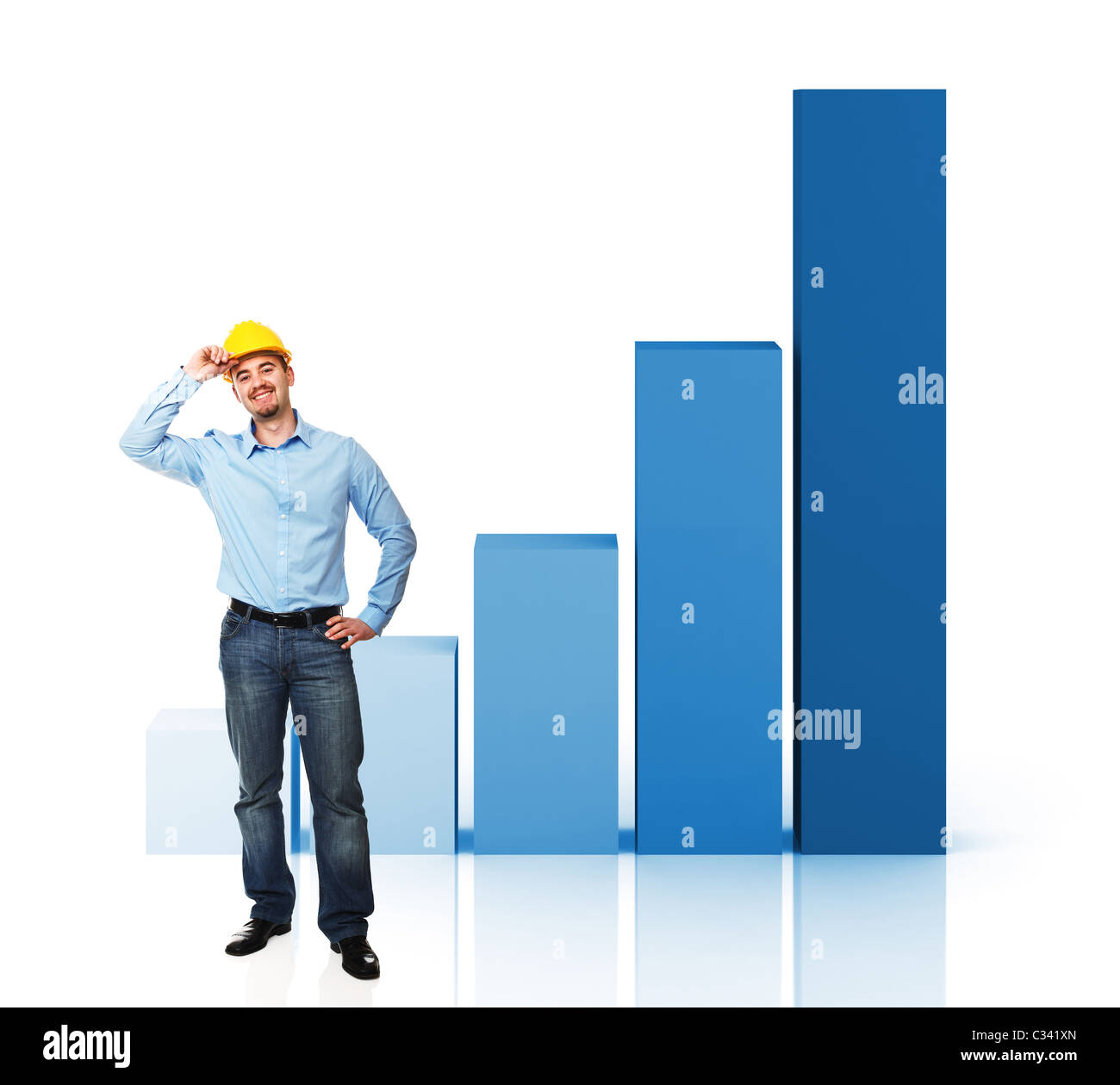standing engineer on white and 3d graph chart Stock Photo