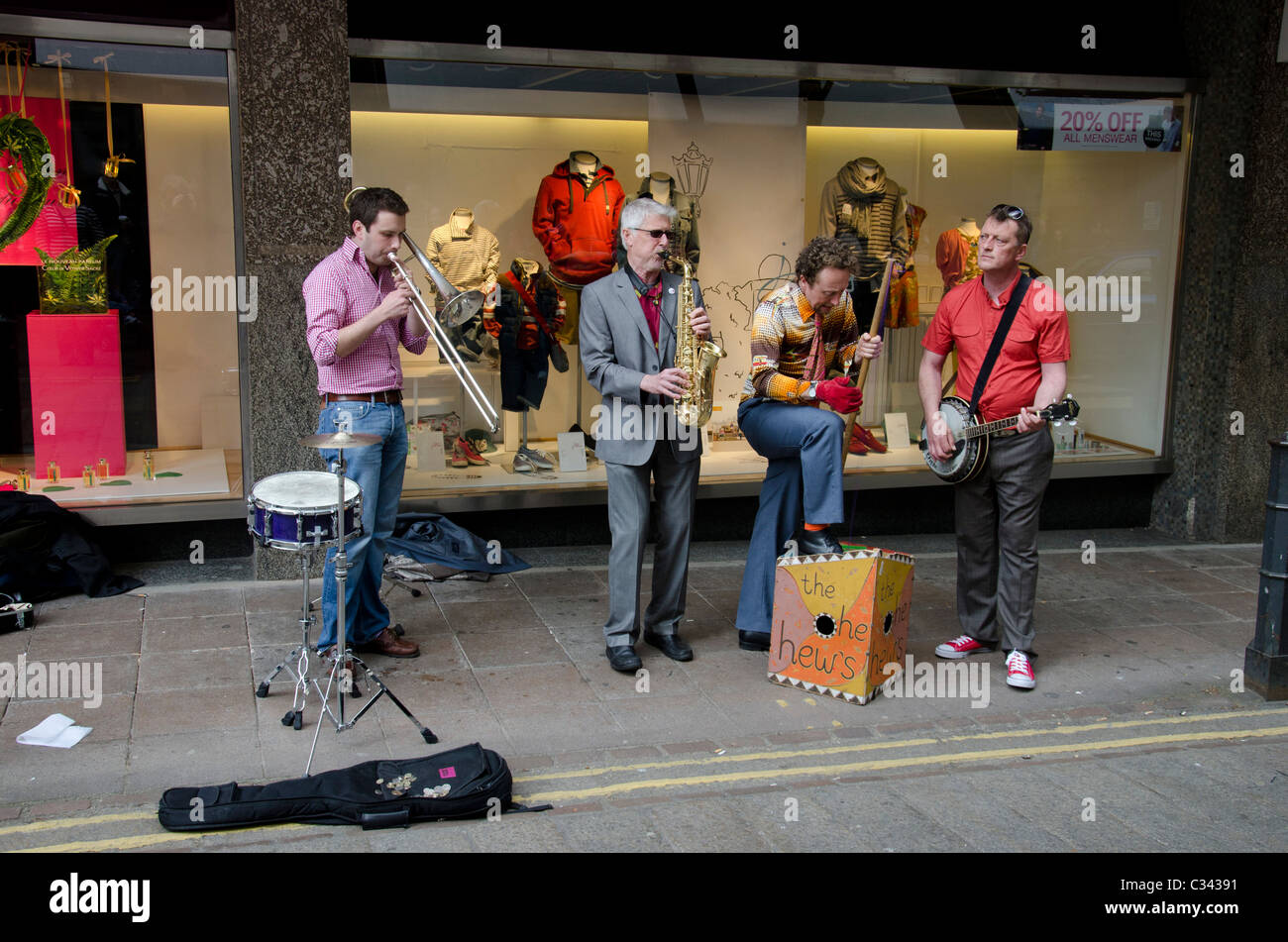 Buskers in the centre of Norwich, Norfolk, England. Stock Photo