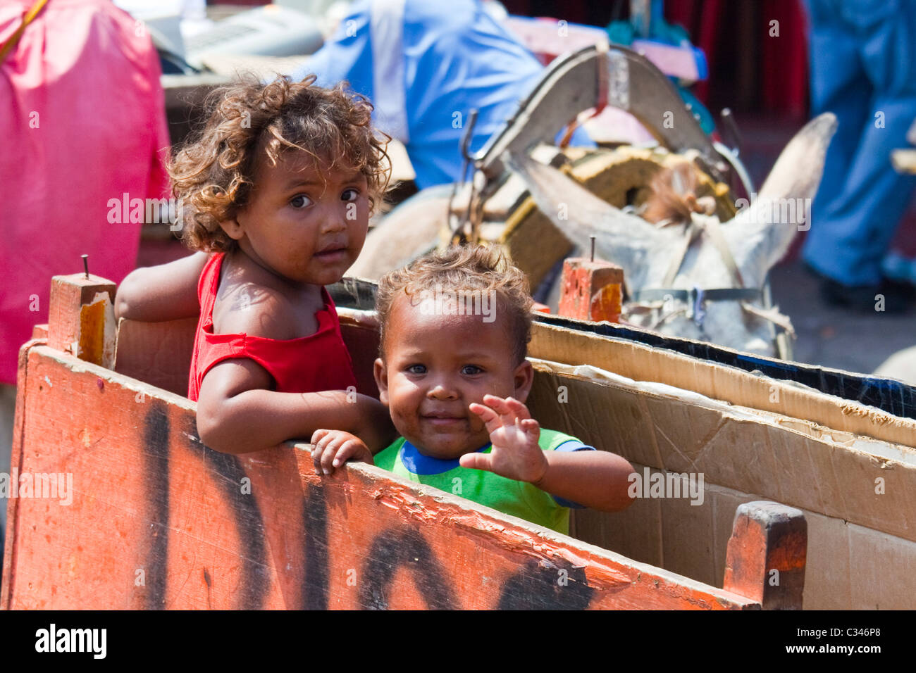 Colombian kids in a cart, Barranquilla, Colombia Stock Photo