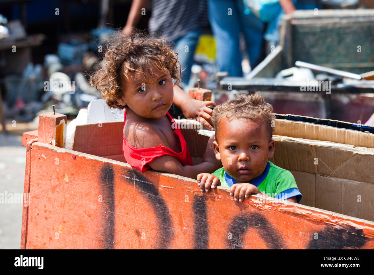 Colombian kids in a cart, Barranquilla, Colombia Stock Photo