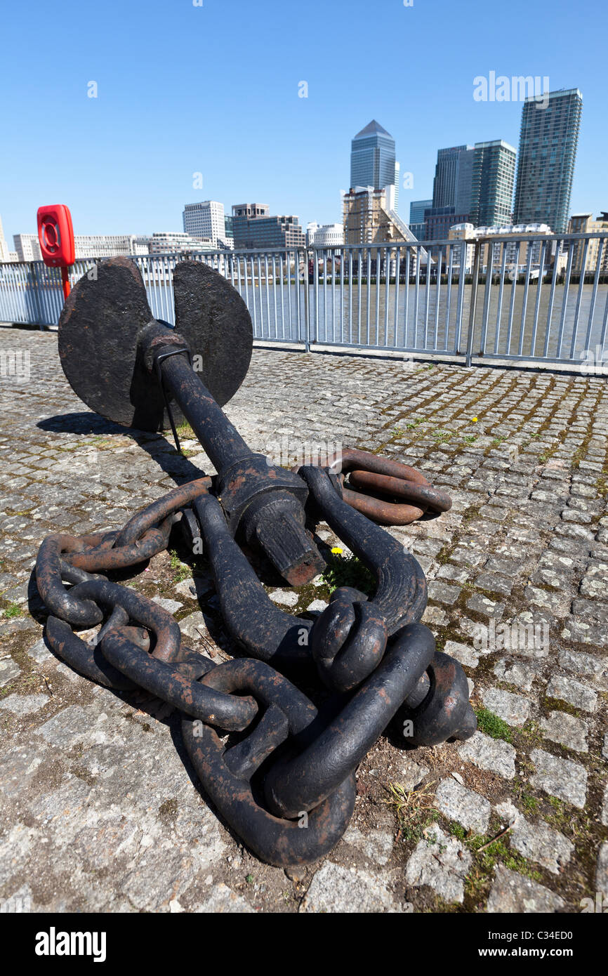 Anchor Chain with Canary Wharf in the background, London, England, UK. Stock Photo