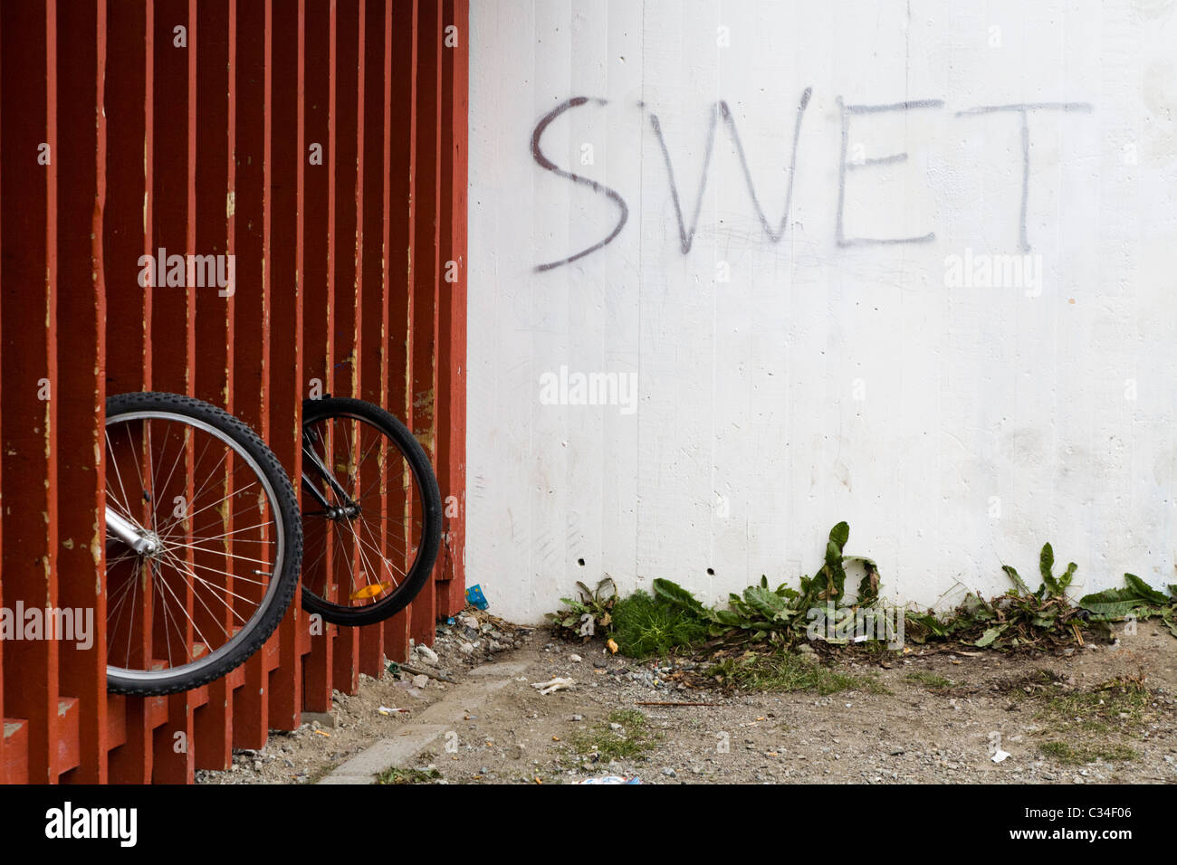 Bikes at a primary school. Qaqortoq (Julianehåb), South Greenland Stock Photo