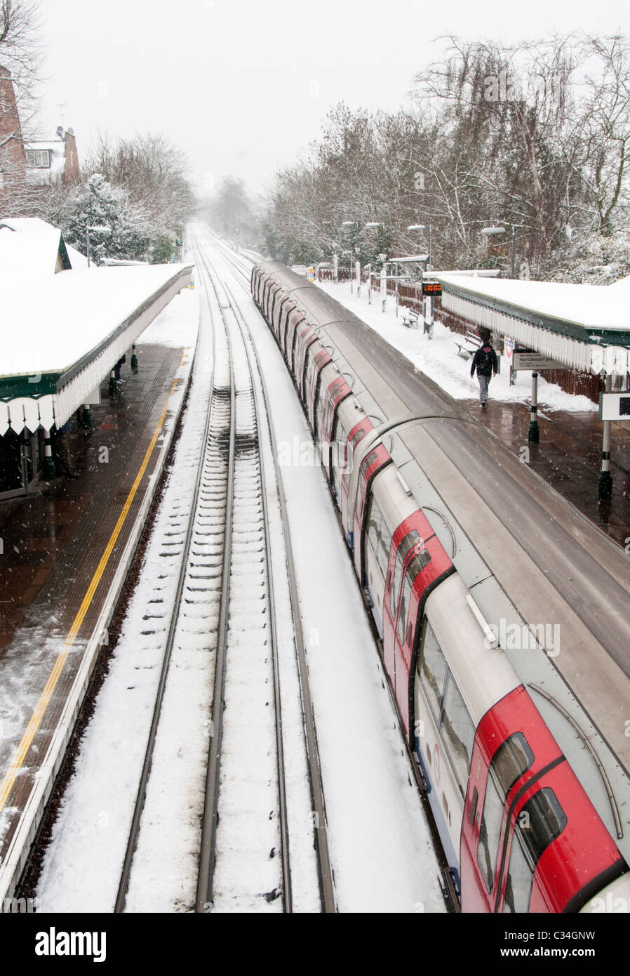 Heavy snowfall causing problems on tube, London, UK Stock Photo