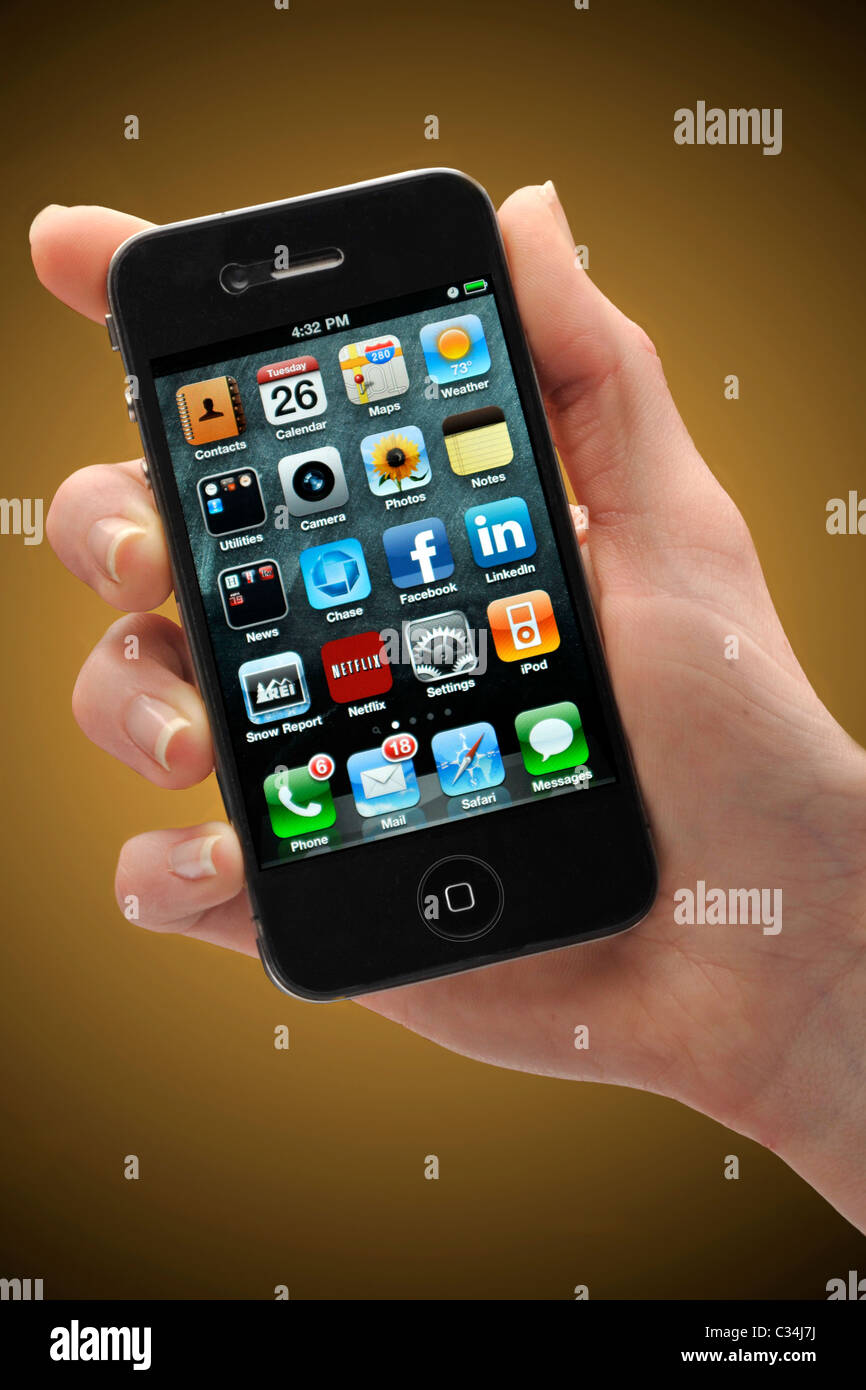 hand holding iphone i-phone Stock Photo