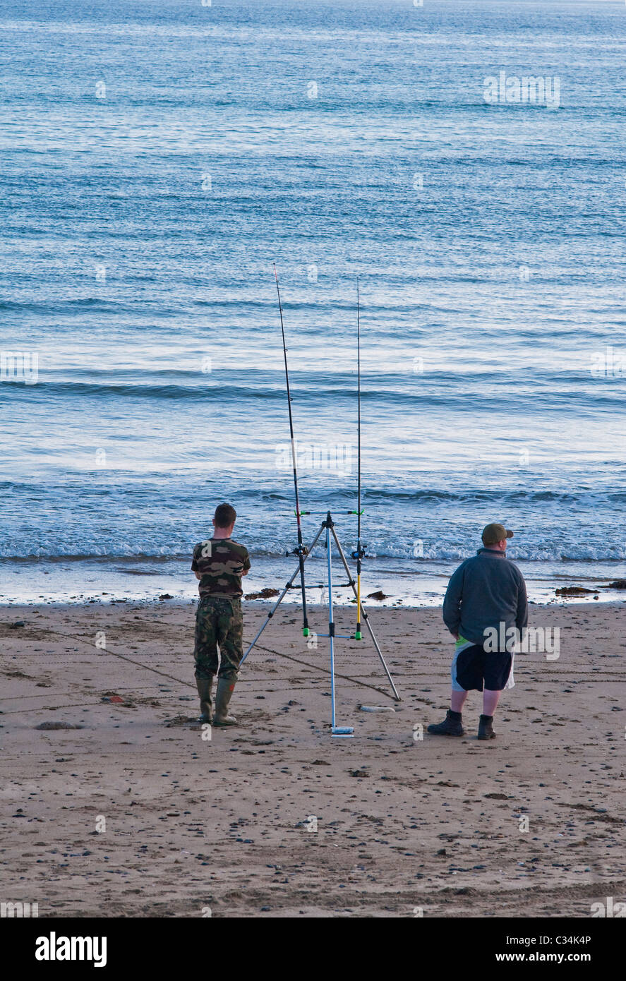 Sea fishing from the beach at Caerhays, Cornwall, UK Stock Photo