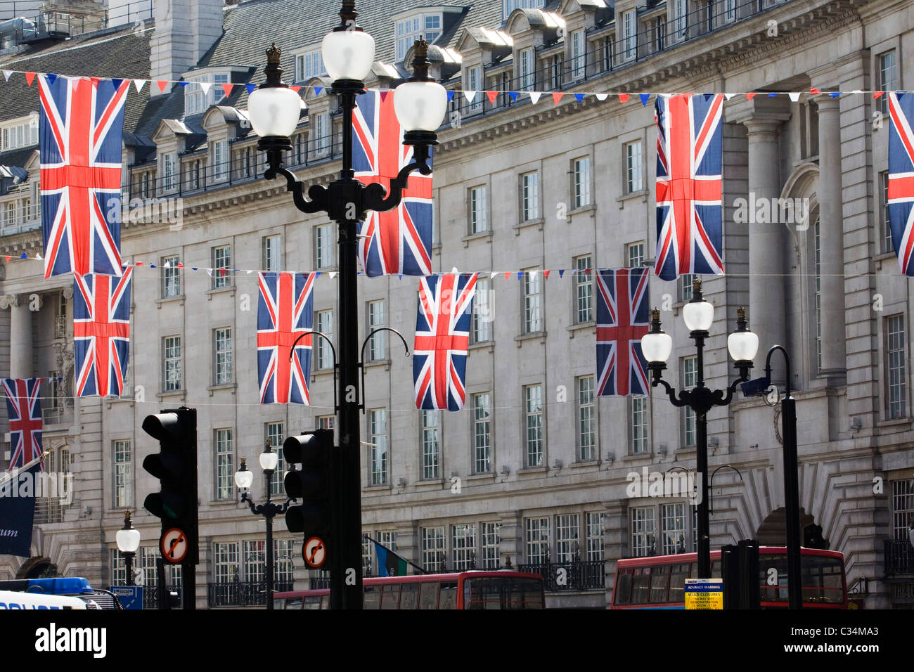 Union Jack hanging in London for the Royal wedding of Prince William and Kate Middleton 29th April 2011 Stock Photo