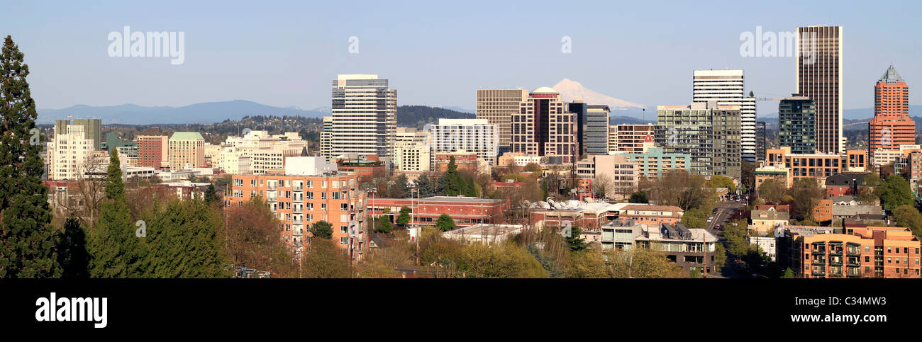 Portland Oregon Downtown Skyline with Mount Hood Panorama Stock Photo