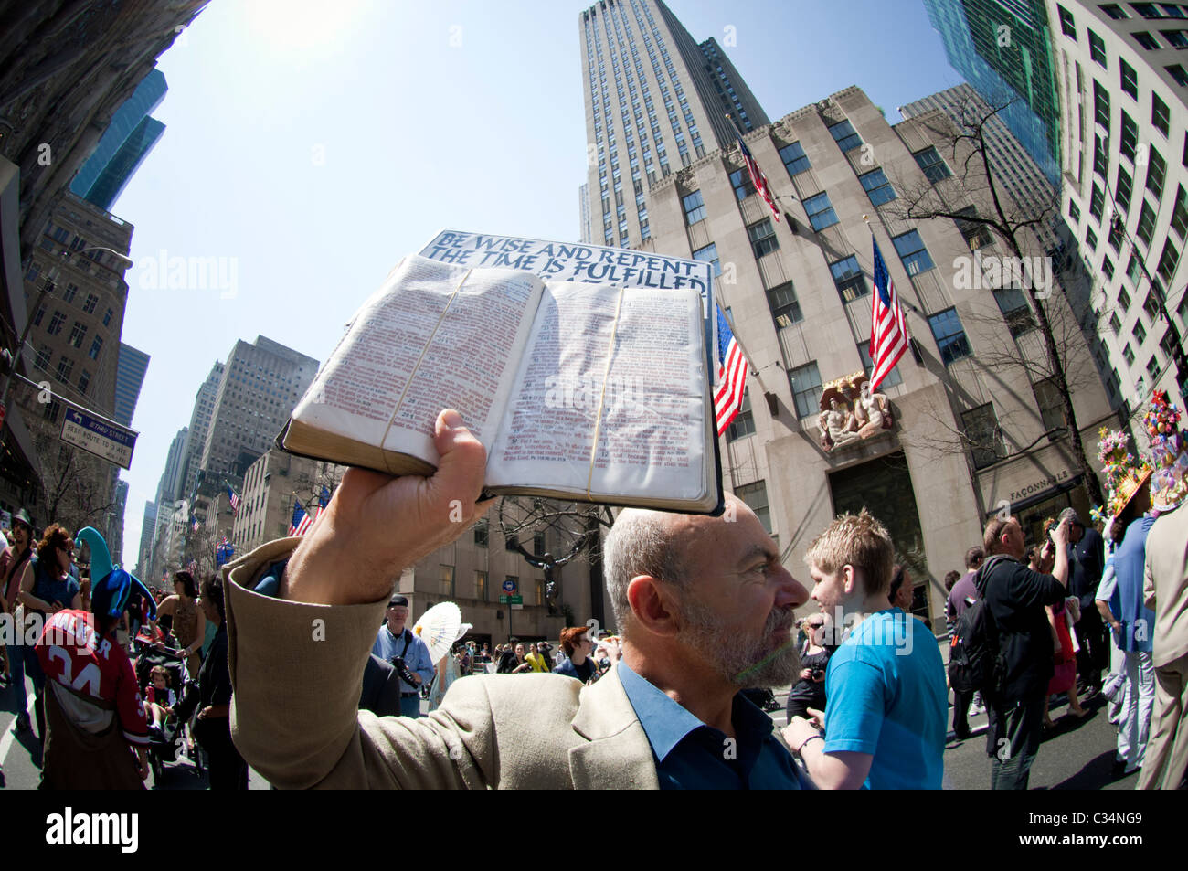 A religious zealot proselytizes in front of St. Patrick's Cathedral in
