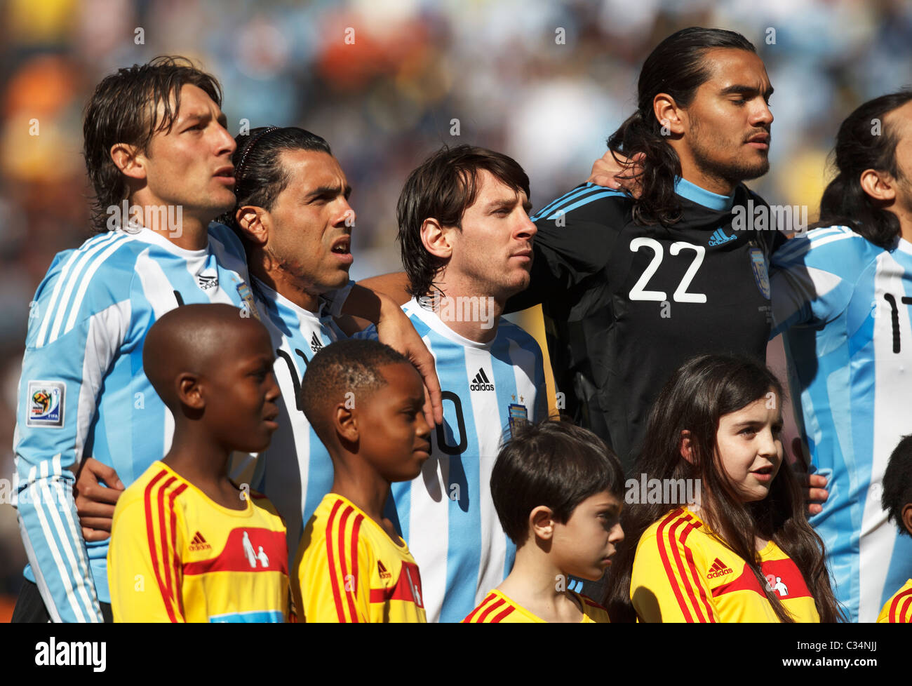 Argentina players Gabriel Heinze, Carlos Tevez, Lionel Messi and Sergio Romero (l-r):  2010 World Cup match v. South Korea. Stock Photo