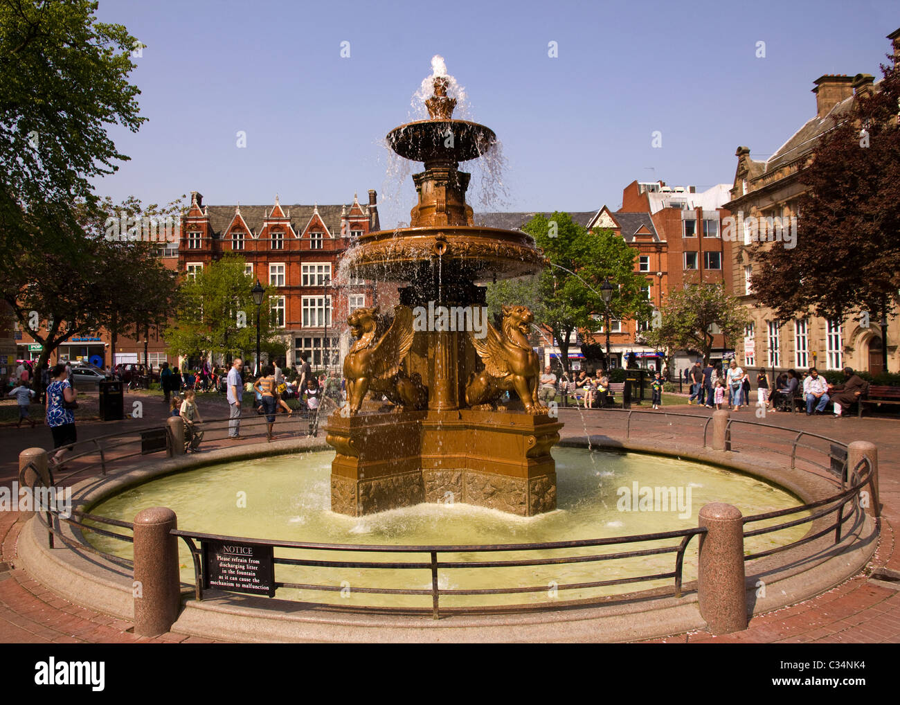 Ornamental water fountain in Town Hall Square, Leicester, England, UK Stock Photo