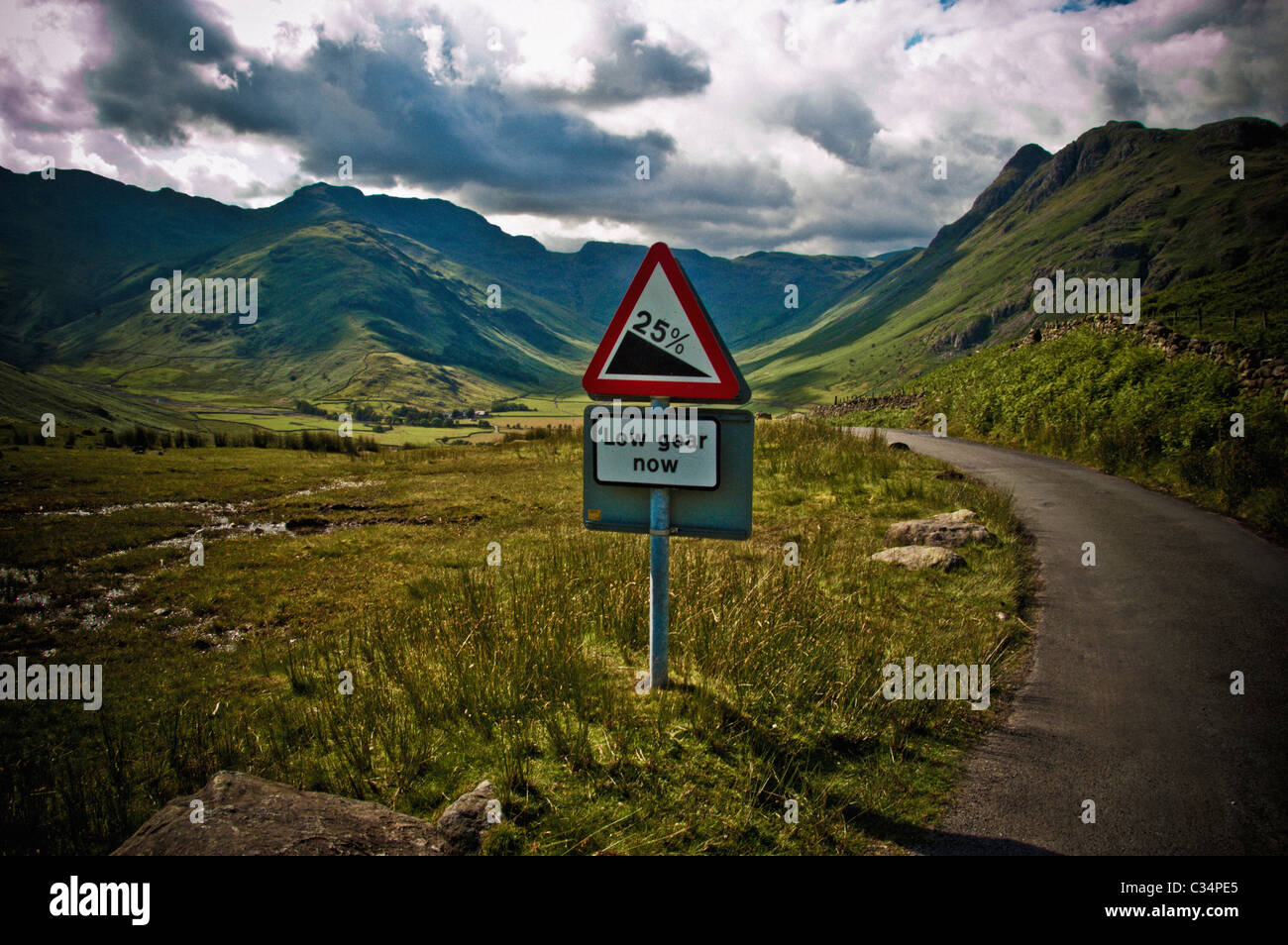 25 percent gradient road sign on road into Great Langdale. Stock Photo