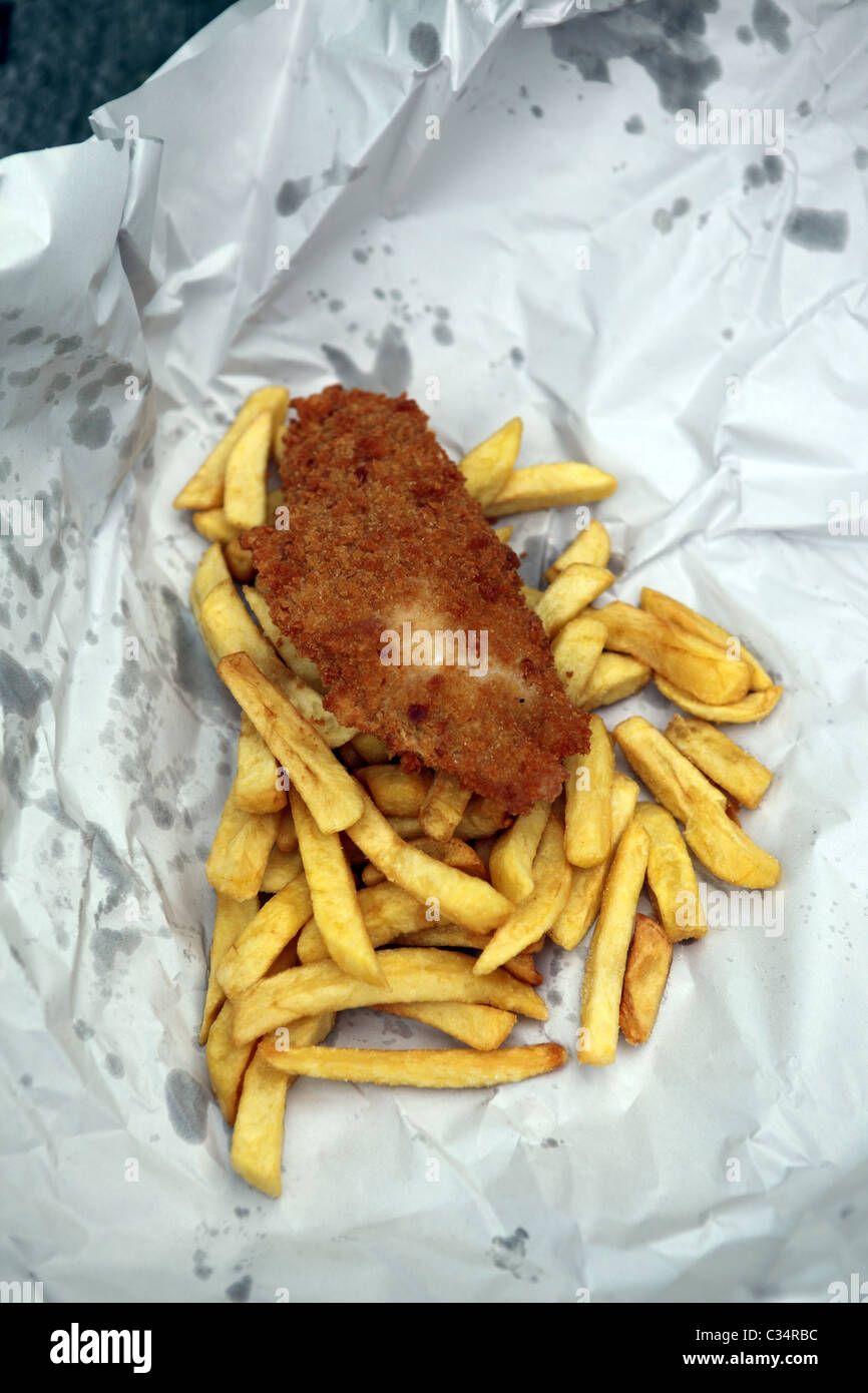 Bead crumbed fish and chips. Stock Photo