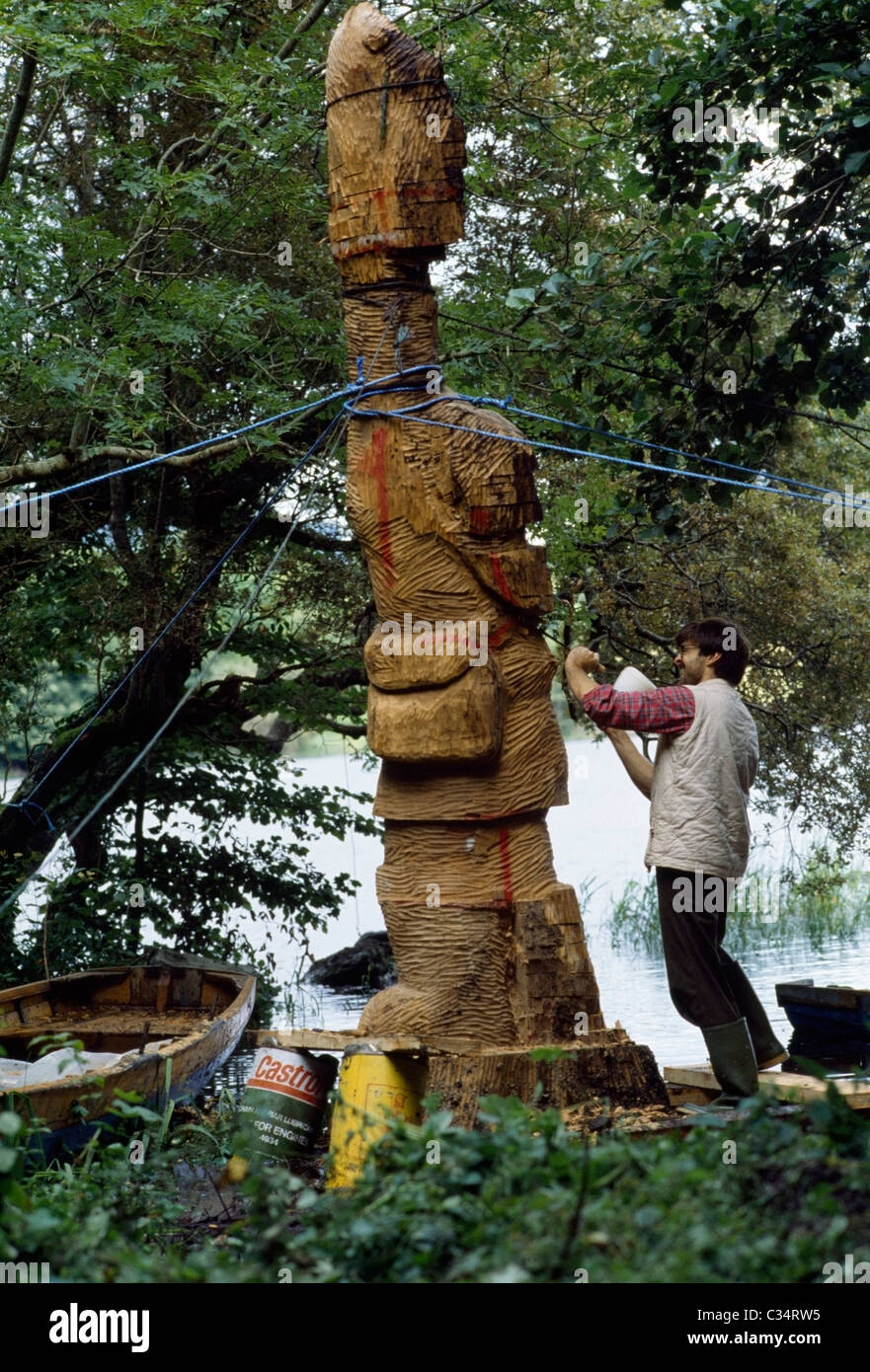 Craftsman Working On A Wooden Sculpture, Ireland Stock Photo