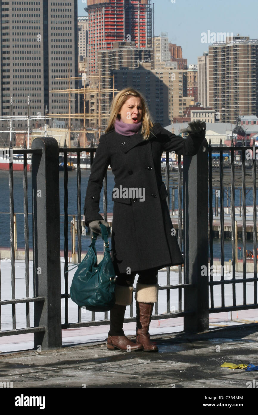 Sarah Lafleur filming a scene for 'Ugly Betty' on the Brooklyn Heights
