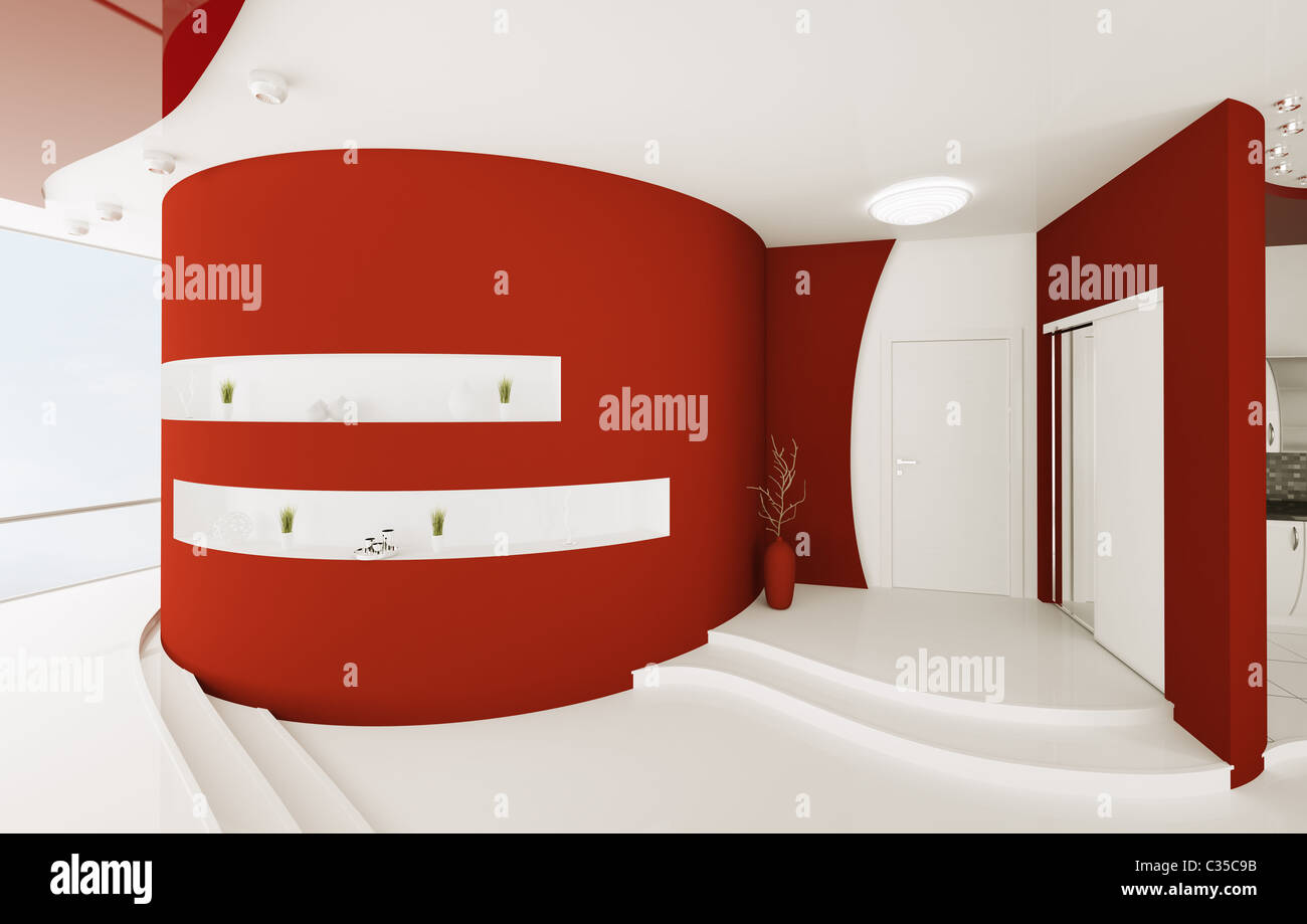 Modern interior design of red white entrance hall 3d render Stock Photo ...