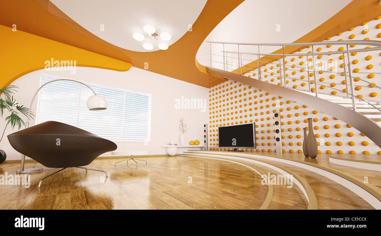 Modern interior design of living room with staircase 3d render Stock Photo