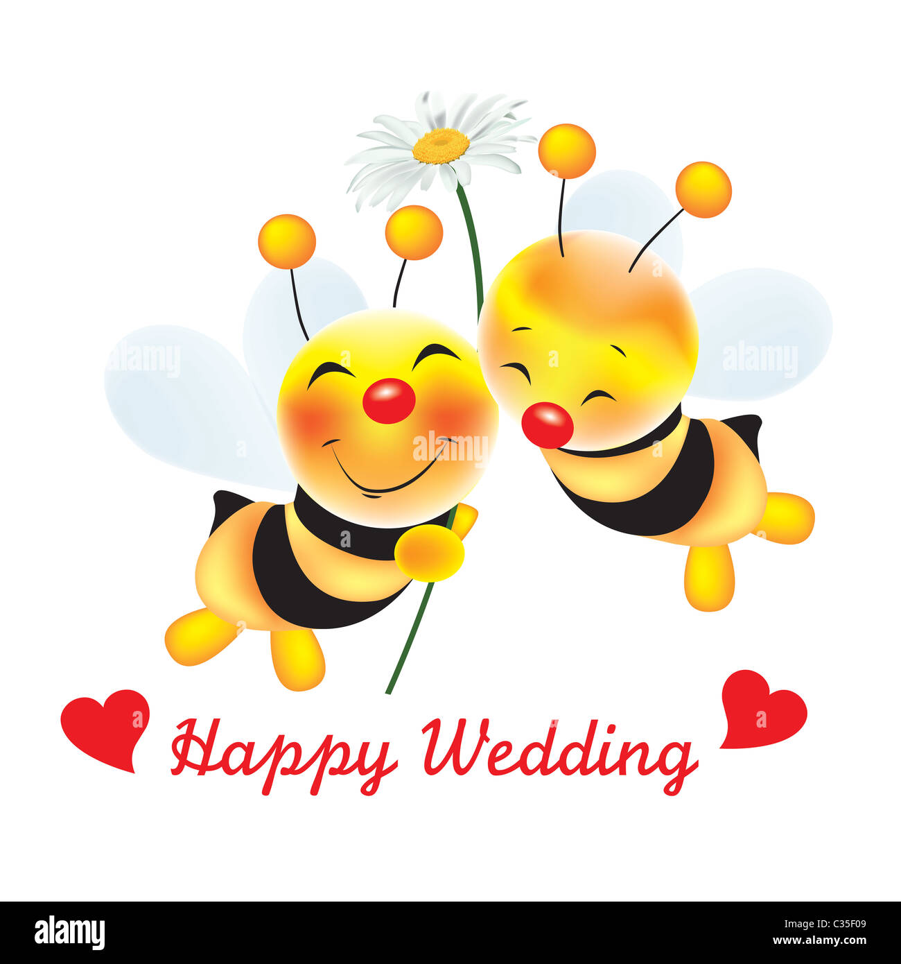 Two cute bees in love with daisy flower and text "Happy Wedding Two cute bees in love with daisy flower and text "Happy Wedding
