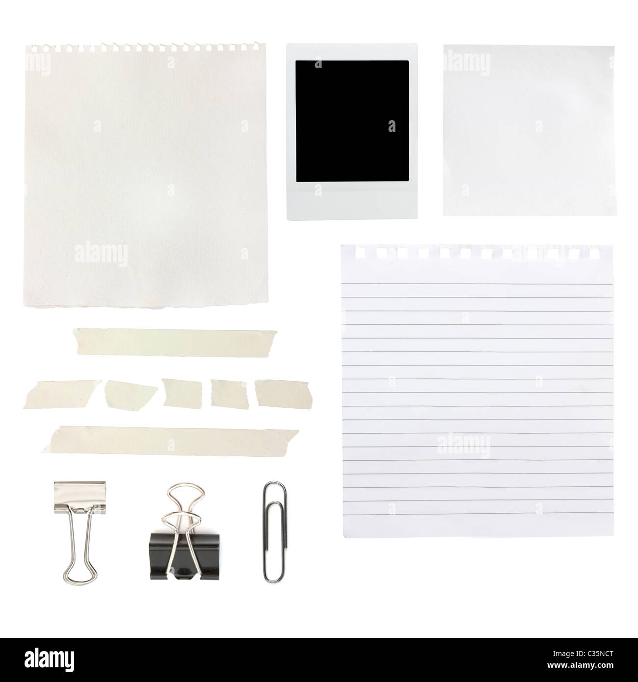 Assorted scrapbooking or card making supplies, isolated on white background  with soft shadows. Copy space provided. Stock Photo