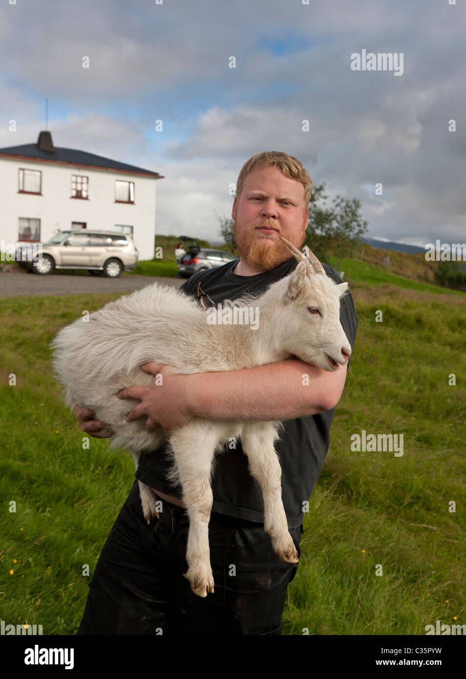 Farmer holding billy goat on his farm in Iceland Stock Photo