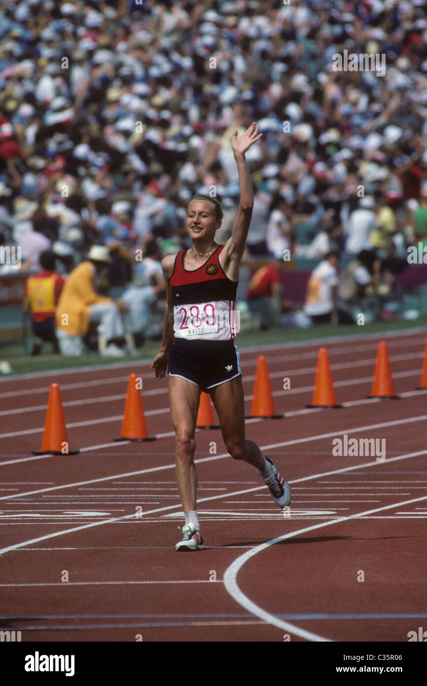 Grete Waitz (NOR) finishing second in the Women's Marathon at the 1984 Olympic Summer Games in Los Angeles. Stock Photo