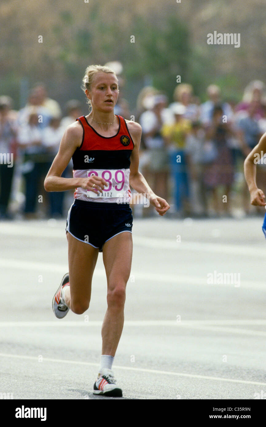 Grete Waitz (NOR) competing in the Women's Marathon at the 1984 Olympic Summer Games in Los Angeles. She finished second. Stock Photo