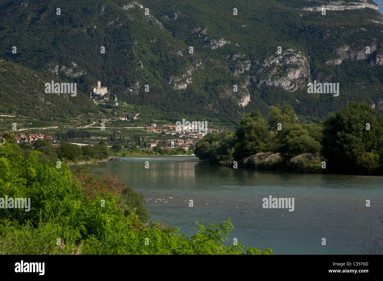 Sabbionara Castle and Adige river, Avio, Vallagarina, Trentino Alto Adige, Italy, Europe Stock Photo