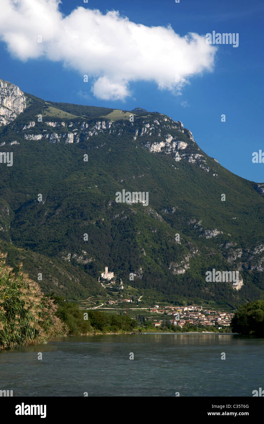 Sabbionara Castle and Adige river, Avio, Vallagarina, Trentino Alto Adige, Italy, Europe Stock Photo