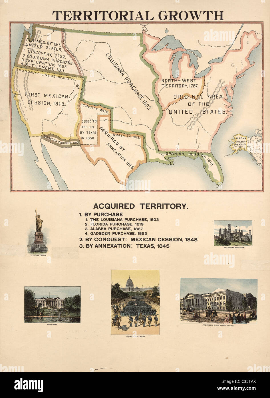 Map of Acquired Territory for the United States. Territorial Growth from 1492 to the present time. Stock Photo