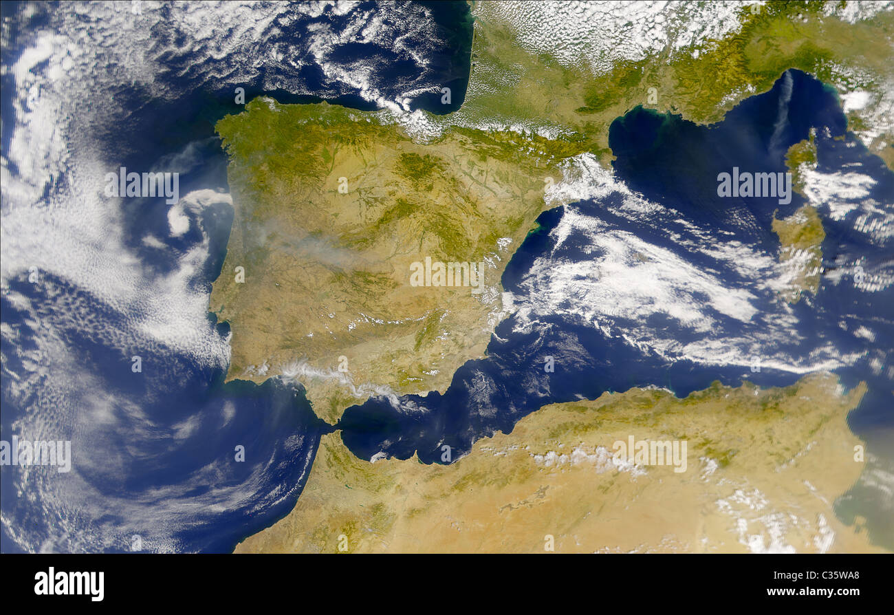 SeaWiFS image over southwestern Europe shows smoke coming from Portugal, Spain and northwestern Italy Stock Photo