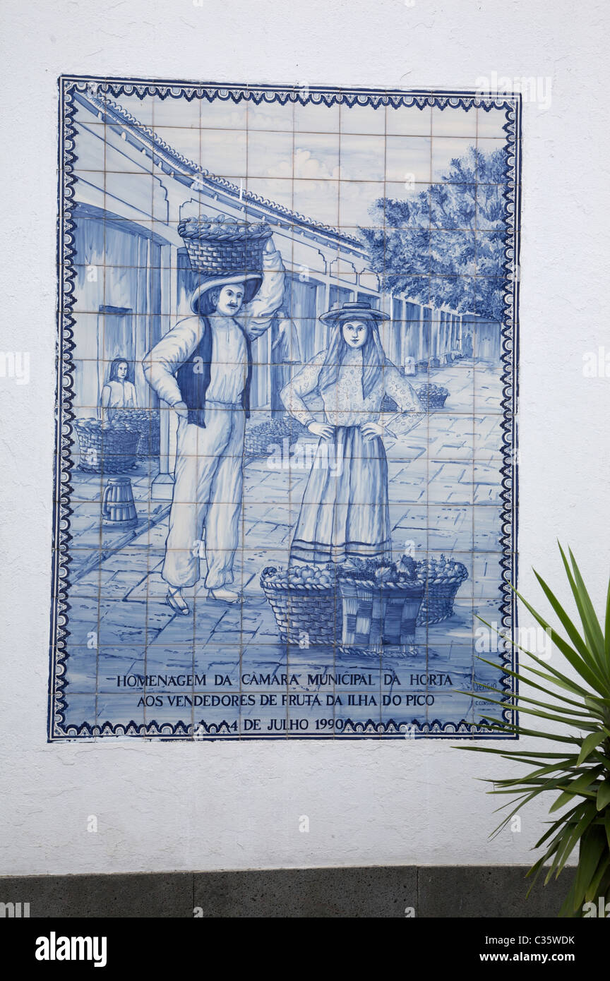 Azulejo in the open air market of Horta, Fajal, Azores Island, Portugal, Europe Stock Photo