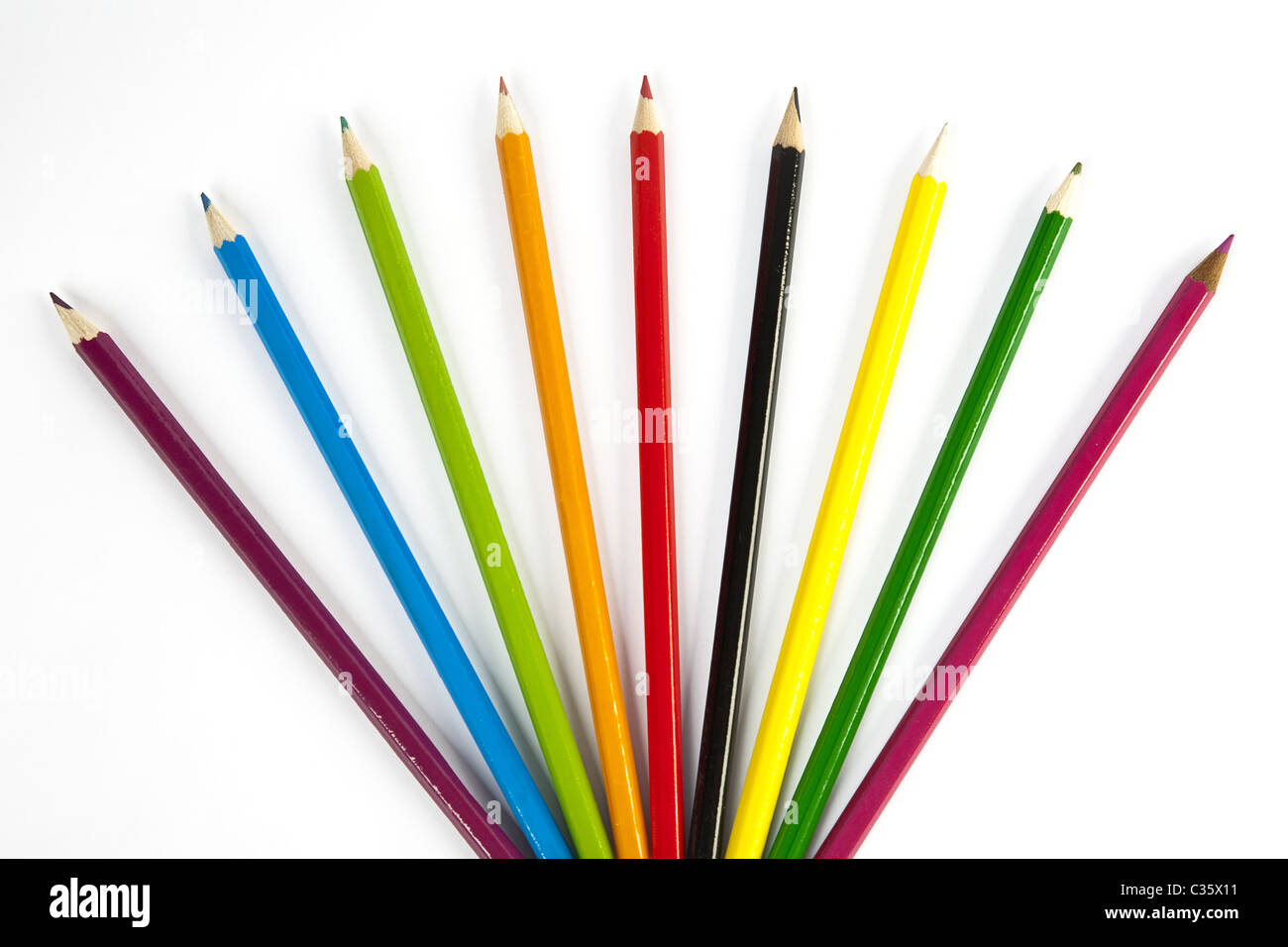front view of color pencils over white background Stock Photo