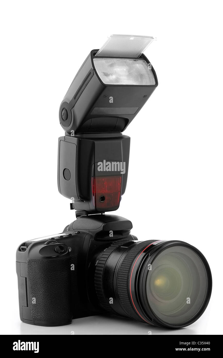 DSLR photo camera with flash isolated over white background Stock Photo