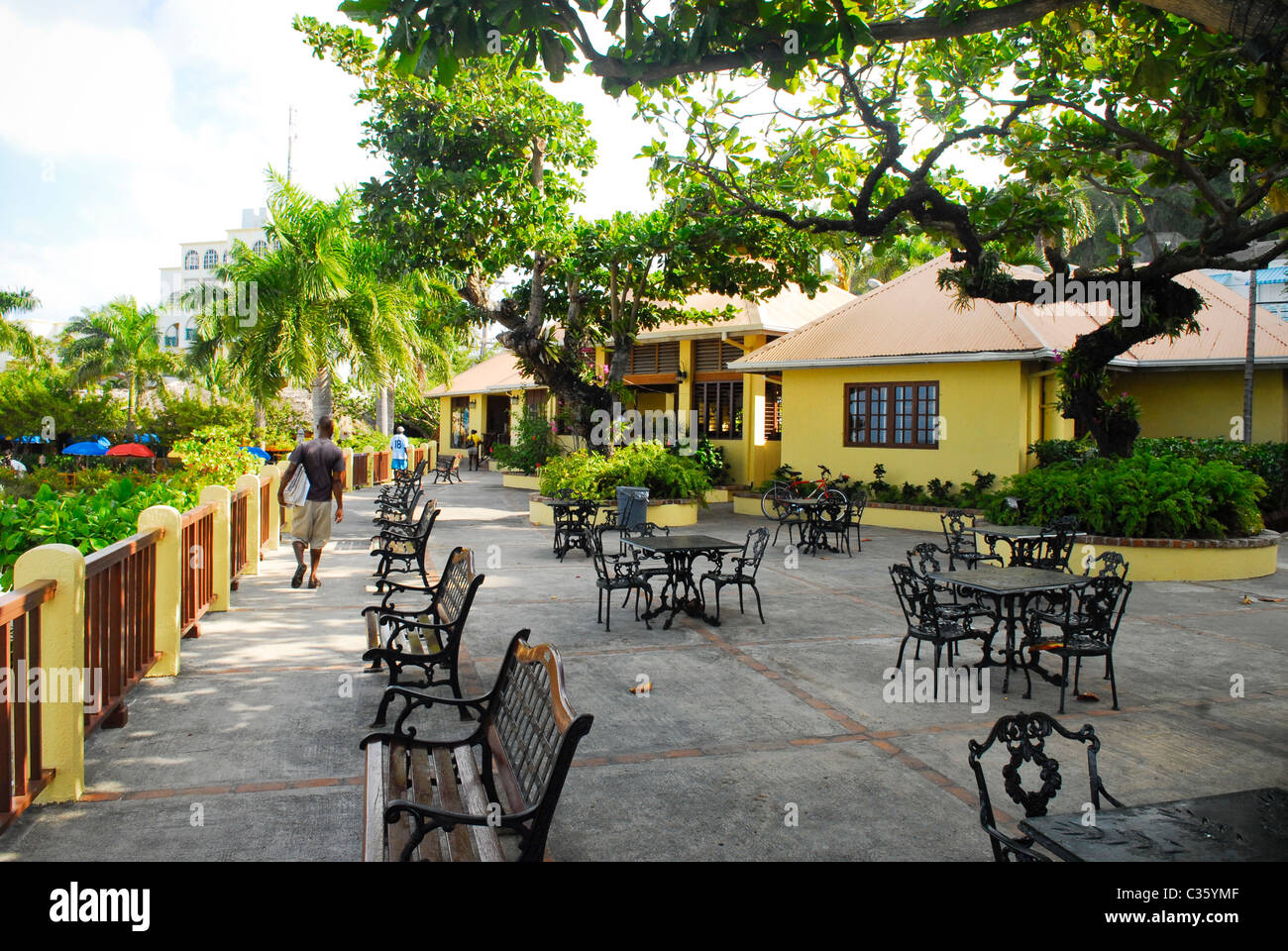 The terrace outside the clubhouse at Doctors Cave Beach, Montego Bay, St James, Jamaica Stock Photo