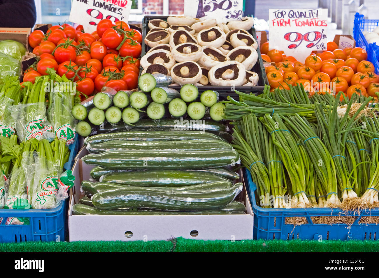 Fruit and vegetable market stall with price tags, England uk Stock