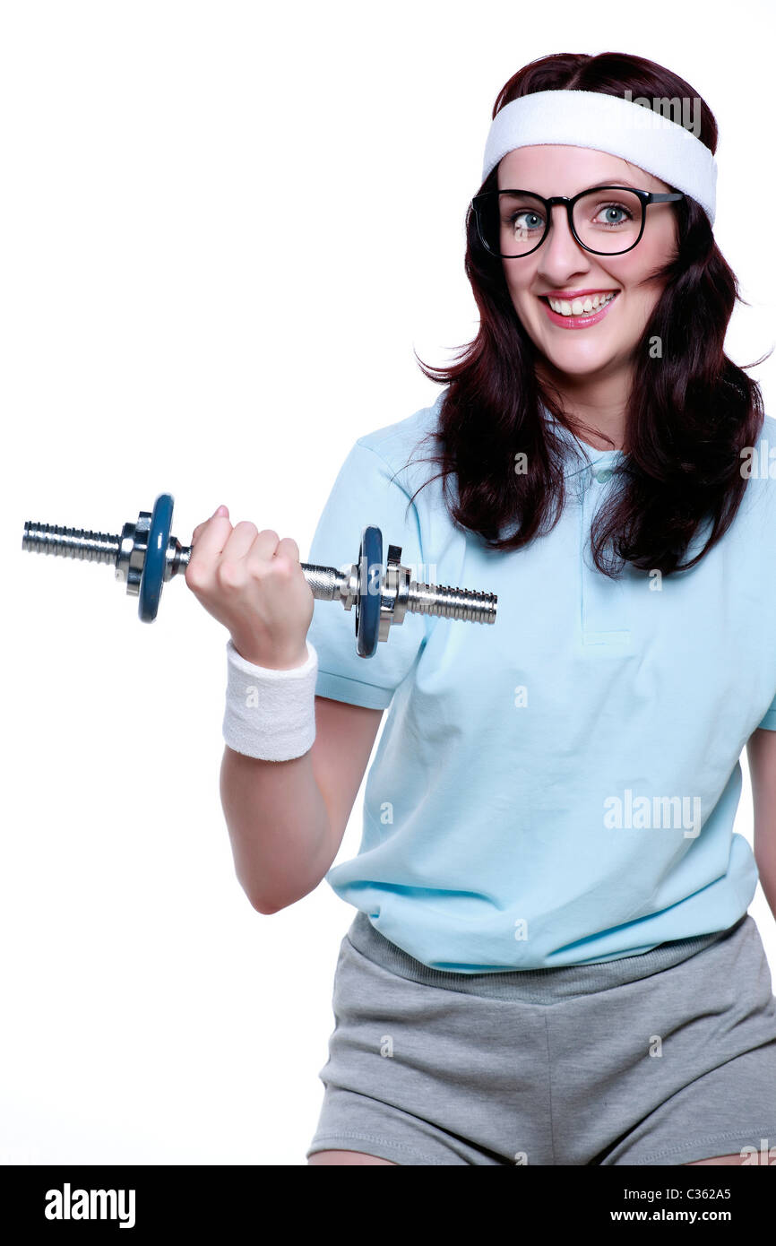 happy weight lifting geek Stock Photo